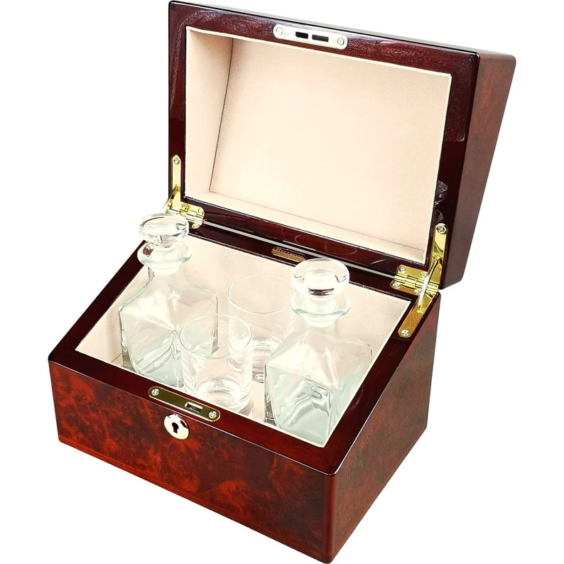 Hillwood Double Mini Decanter and Crystal Shot Glass Set & Makah Burlwood Box