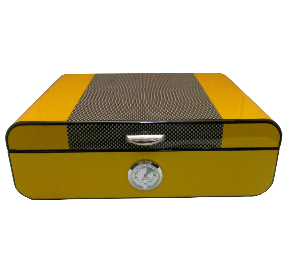 Yellow and Carbon Fibre Finish Humidor - 30 Cigar Capacity