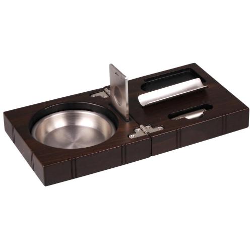 Walnut Folding Ashtray with Cigar Cutter & Holder