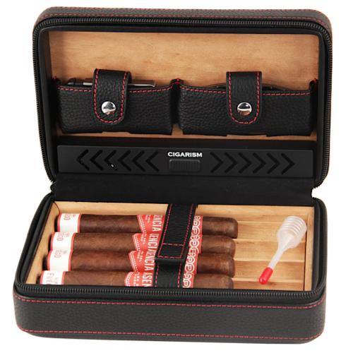 Cigarism Cedar Lined Travel Cigar Humidor with Cutter & Lighter - 4 Cigar Capaci